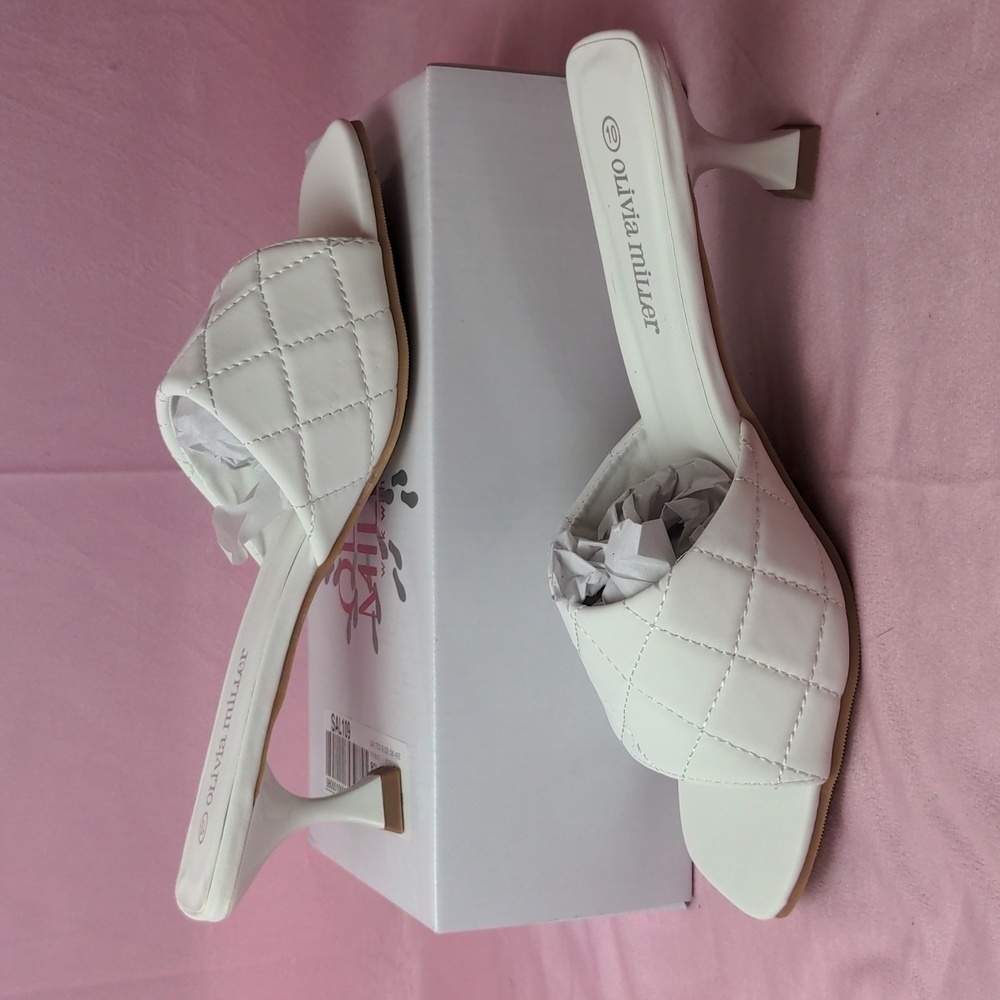 Olivia Miller Honey Camp White Square Toe Quilted Slide On Kitten Heels Size 10